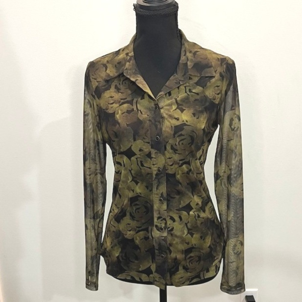 Daniel Rainn Brea Mesh Button Up Blouse Green Floral Small Goblincore 90s Y2K